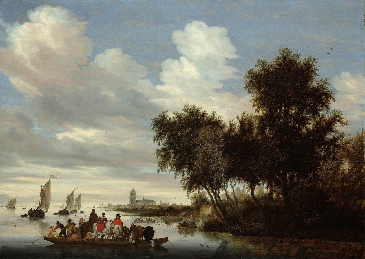 Rivierlandschap met een veerboot door Salomon van Ruysdael