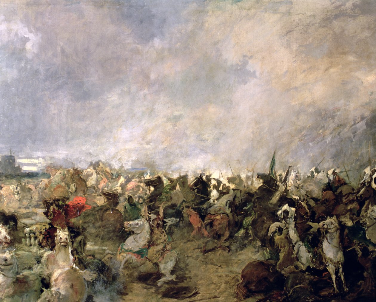 De Slag bij Guadalete detail van de vlucht van de Goten onder bevel van koning Roderik in aanwezigheid van de moslimcavalerie van Tarik Ibn Ziyad, 711 AD (detail) door Salvador Martinez Cubells