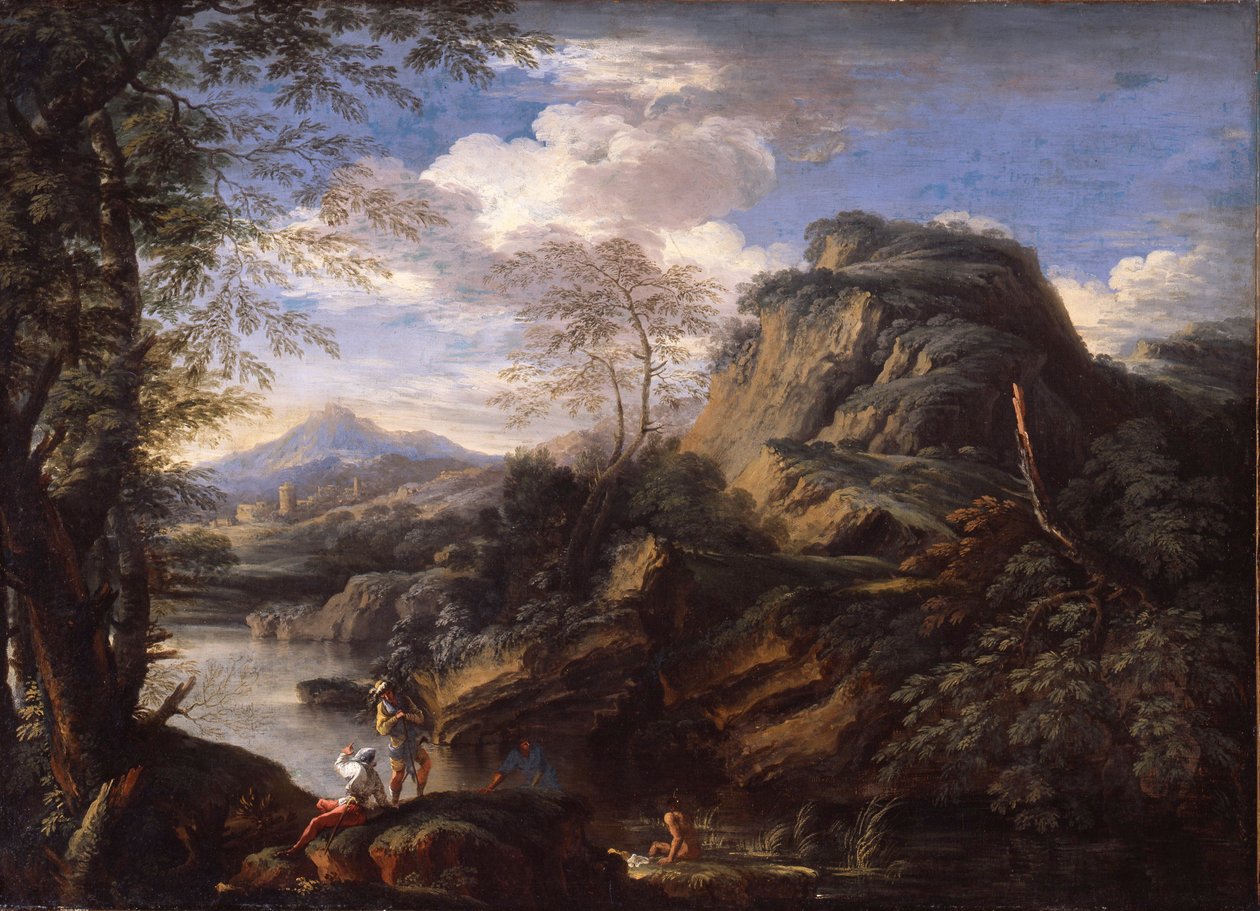 Berglandschap met figuren en een badende man door Salvator Rosa