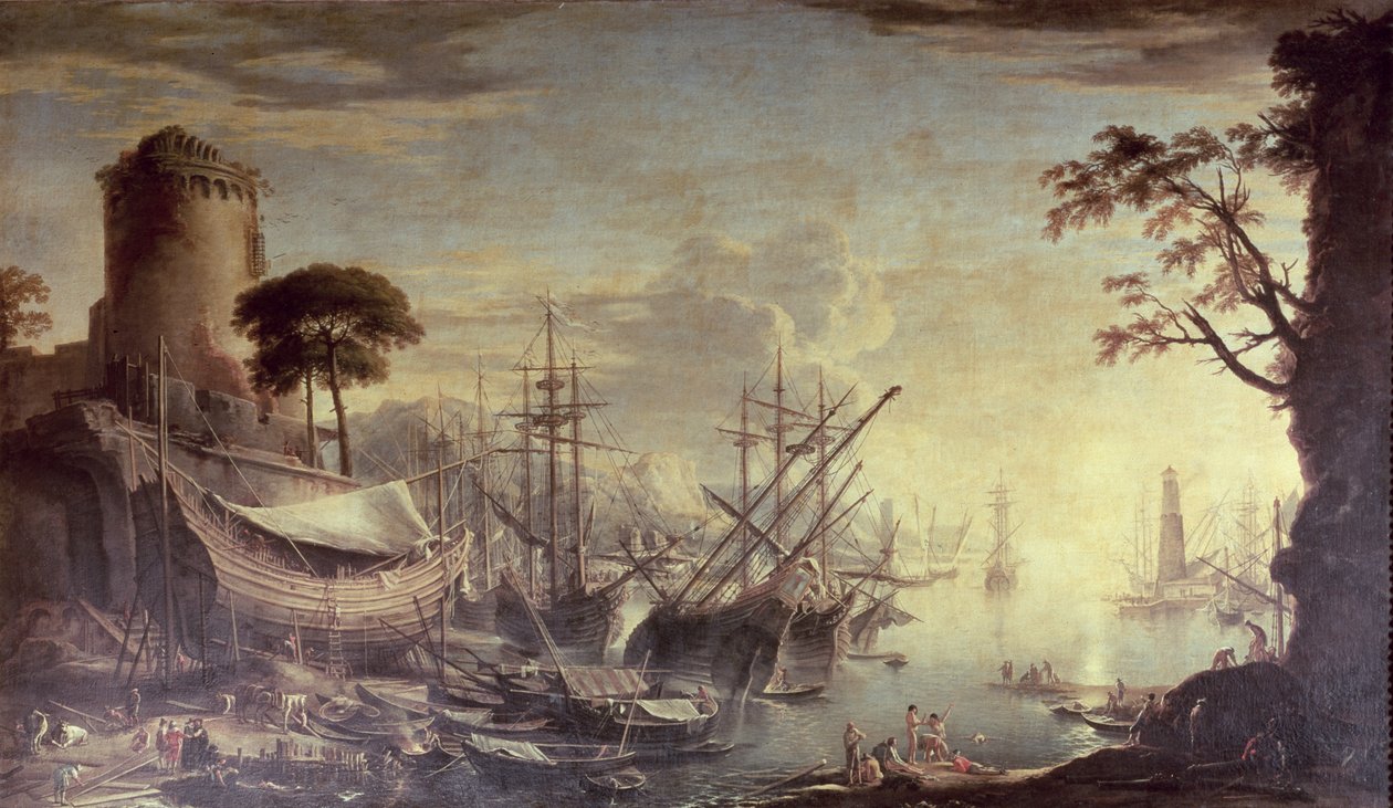 Haven bij zonsondergang door Salvator Rosa