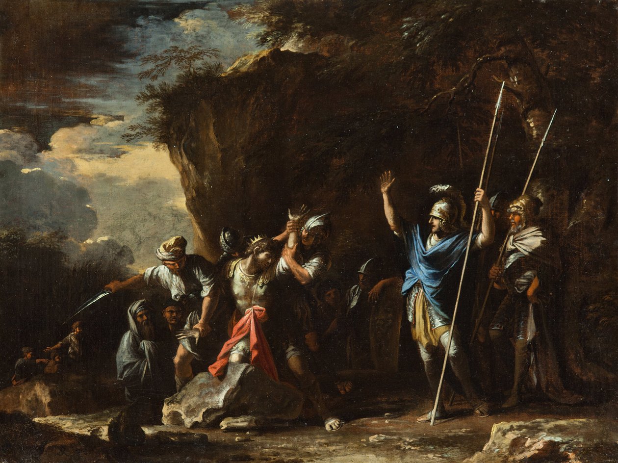 Scène uit de Griekse geschiedenis - De dove zoon van koning Croesus voorkomt dat de Perzen zijn v... door Salvator Rosa