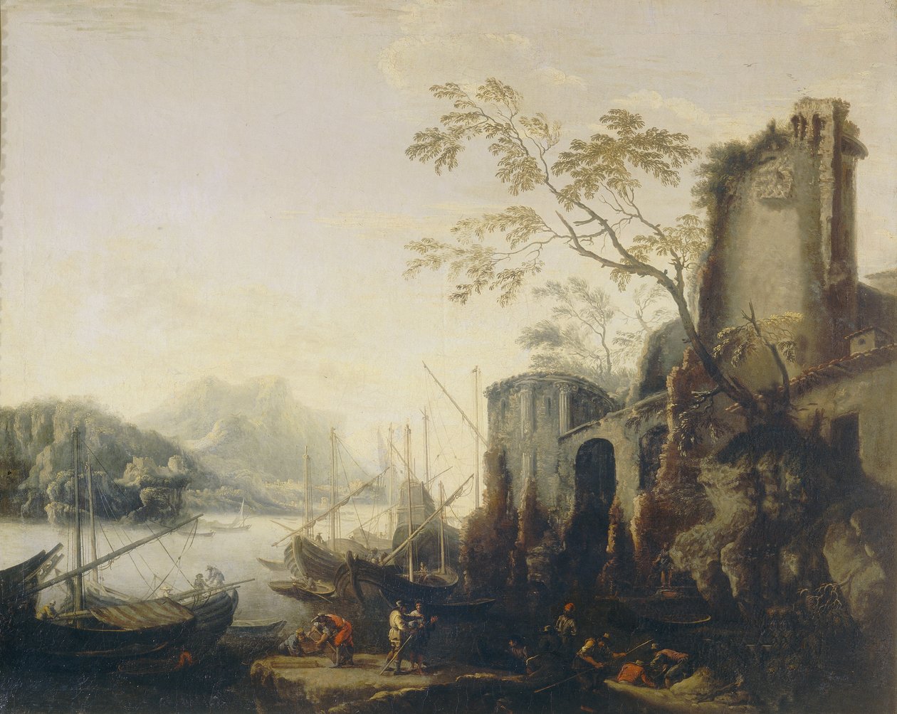 Uitzicht op een haven door Salvator Rosa
