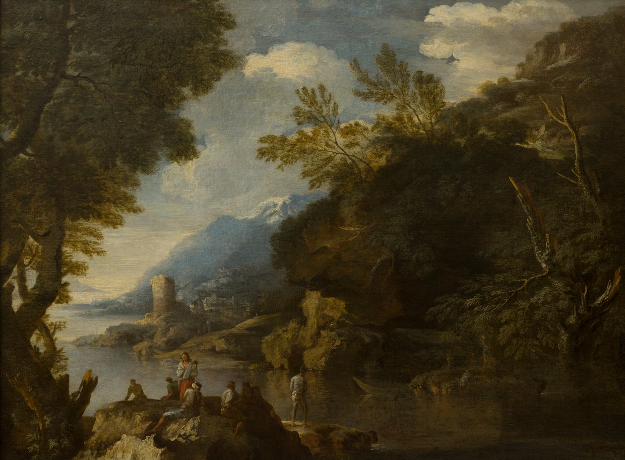 Landschap met figuren en boten door Salvator (follower of) Rosa