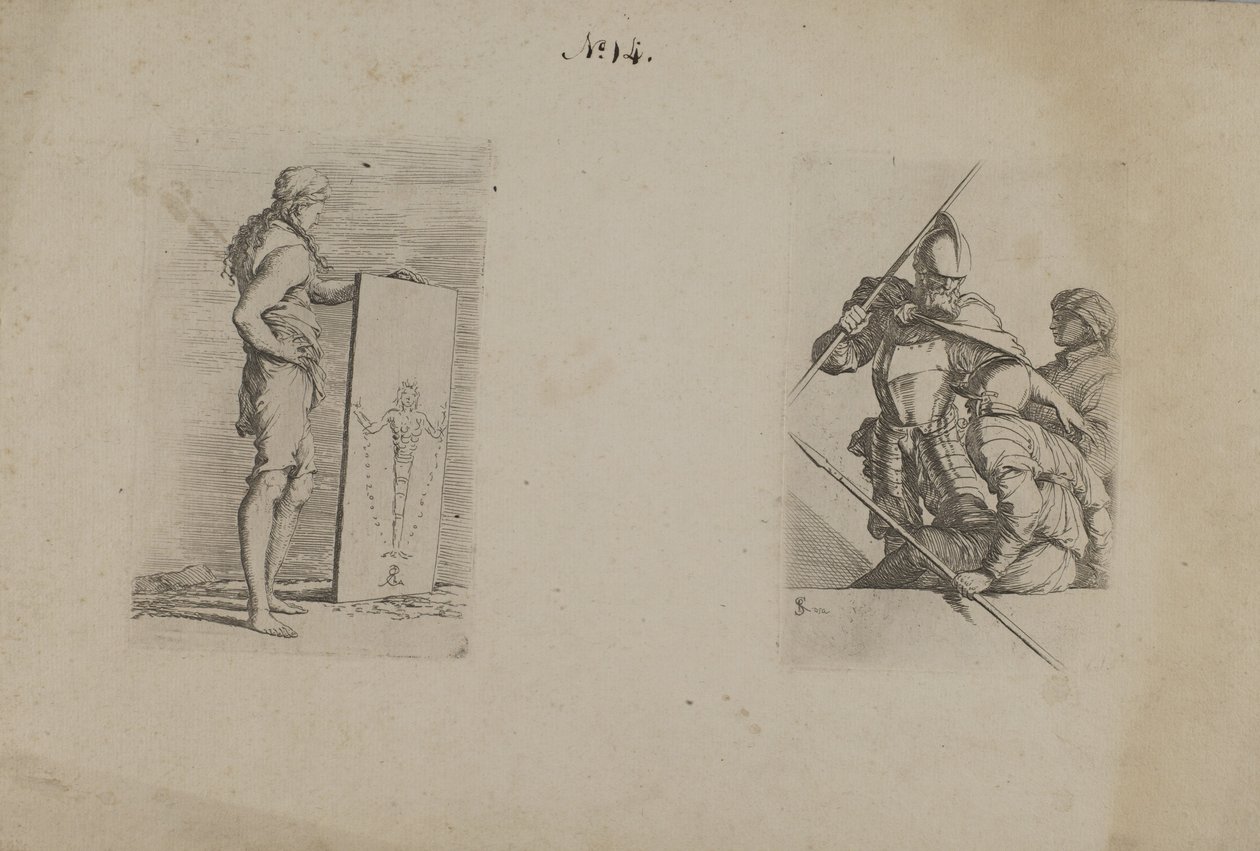 (Figurenserie) Langharige man met bord door Salvator Rosa