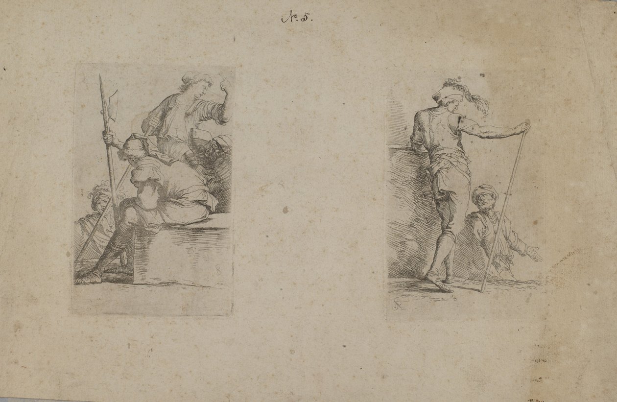 (Beeldjesreeks) Zittende man, op de rug gezien, bijl in de hand door Salvator Rosa
