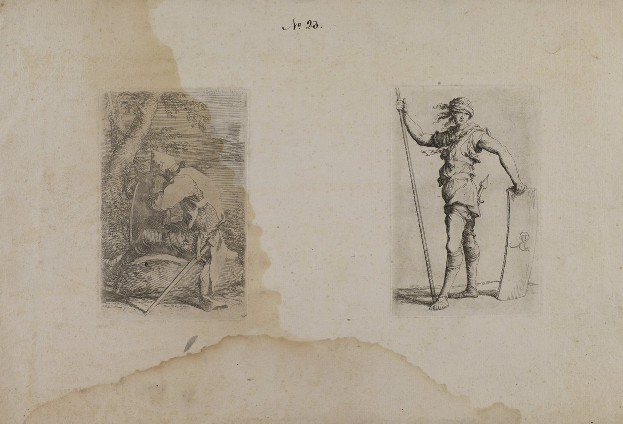 (Beeldjesreeks) Zittende man met puntige helm door Salvator Rosa