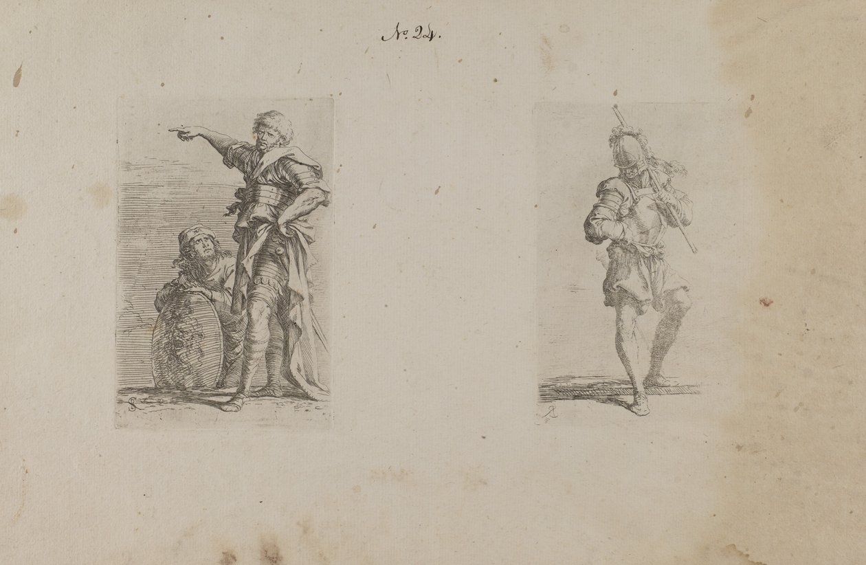 (Beeldjesreeks) Twee mannen, één naar links wijzend, de ander knielend door Salvator Rosa