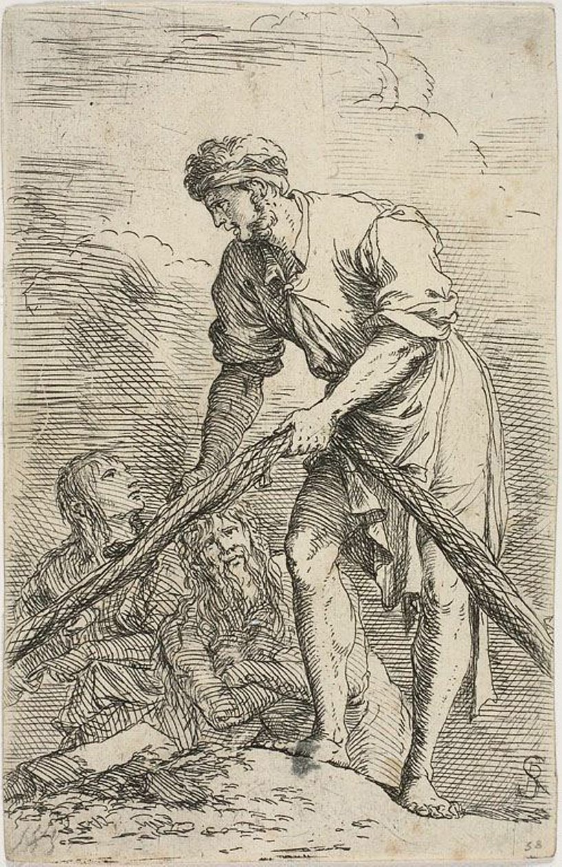 Een man trekt een net, met twee figuren achter hem, uit de Figurine-serie door Salvator Rosa
