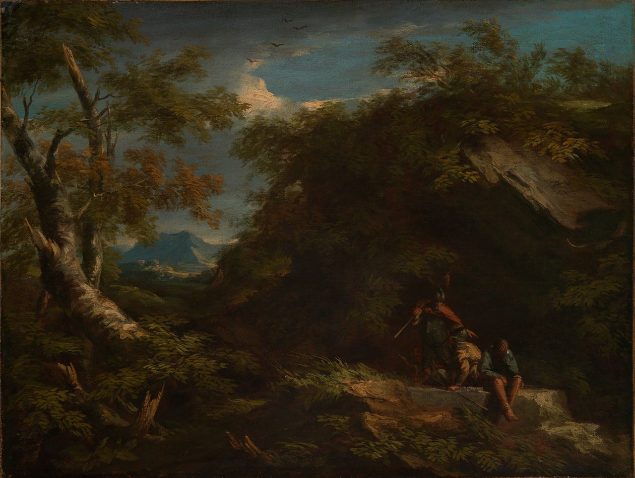 Bergachtig boslandschap met rustende krijgers door Salvator Rosa