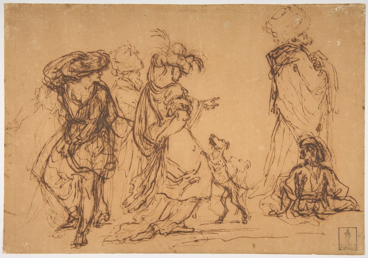 Fünf Figuren in fantastischen Kostümen mit zwei Hunden door Salvator Rosa