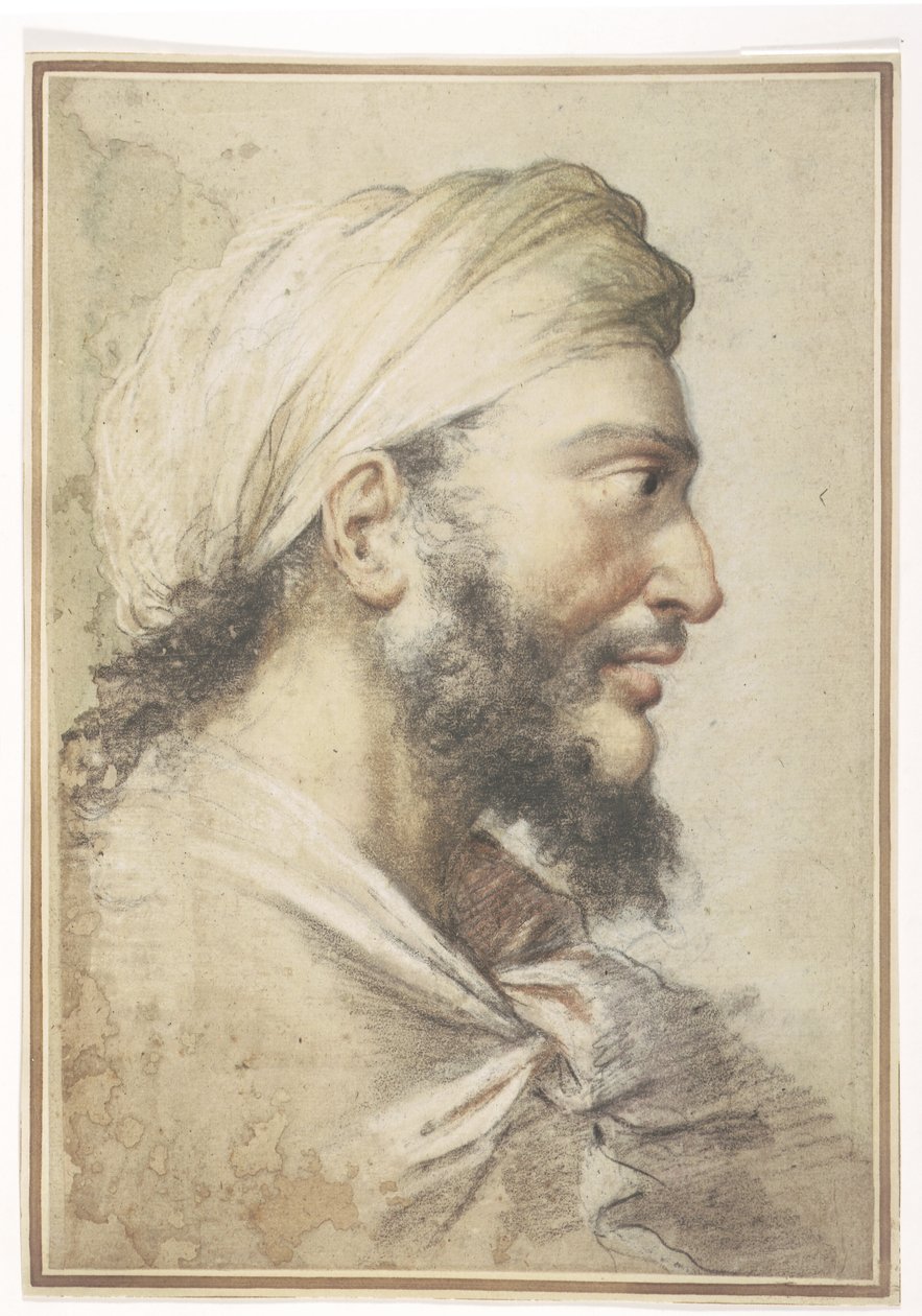 Hoofd van een bebaarde man in profiel naar rechts met een tulband door Salvator Rosa