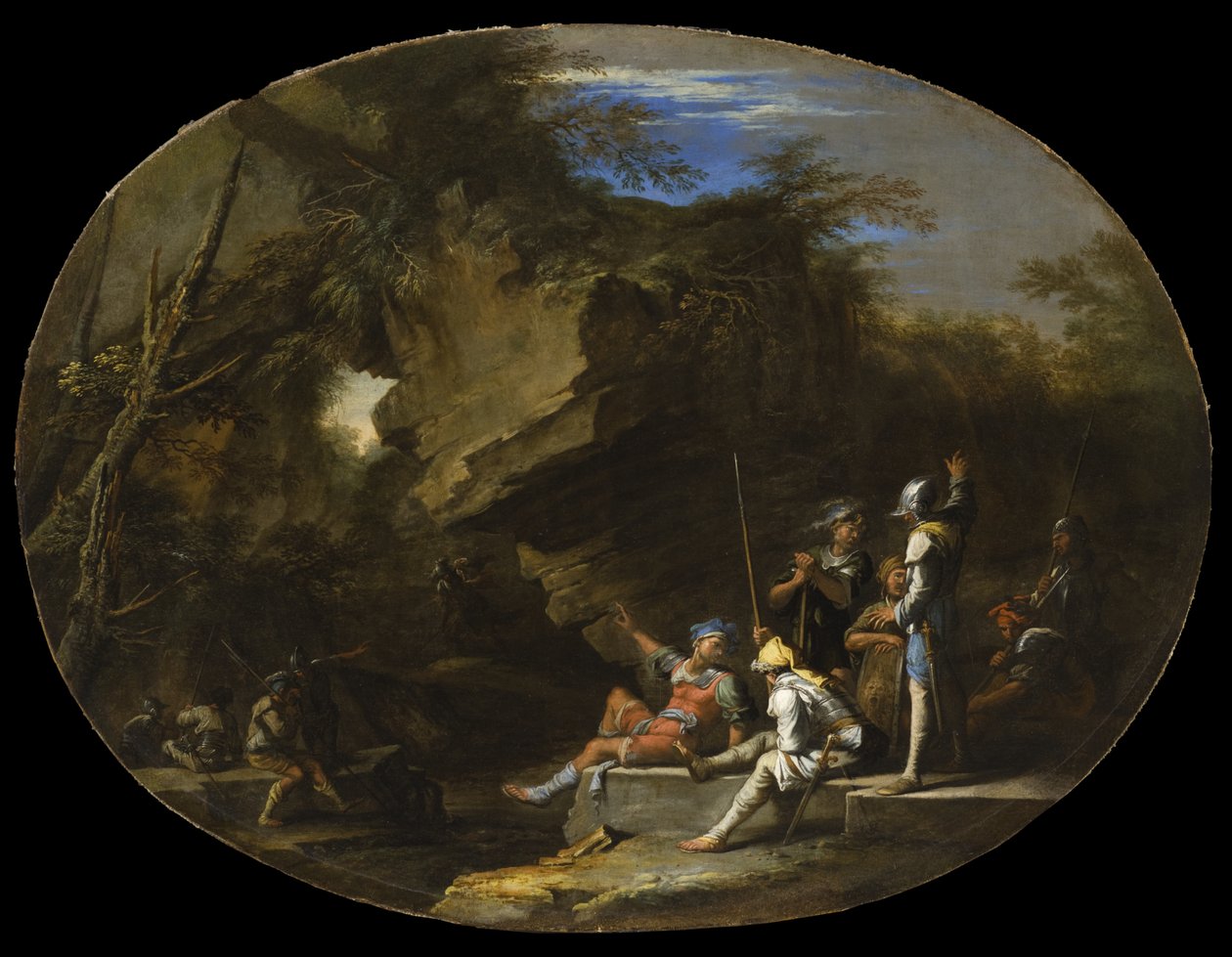 Landschap met gewapende mannen door Salvator Rosa