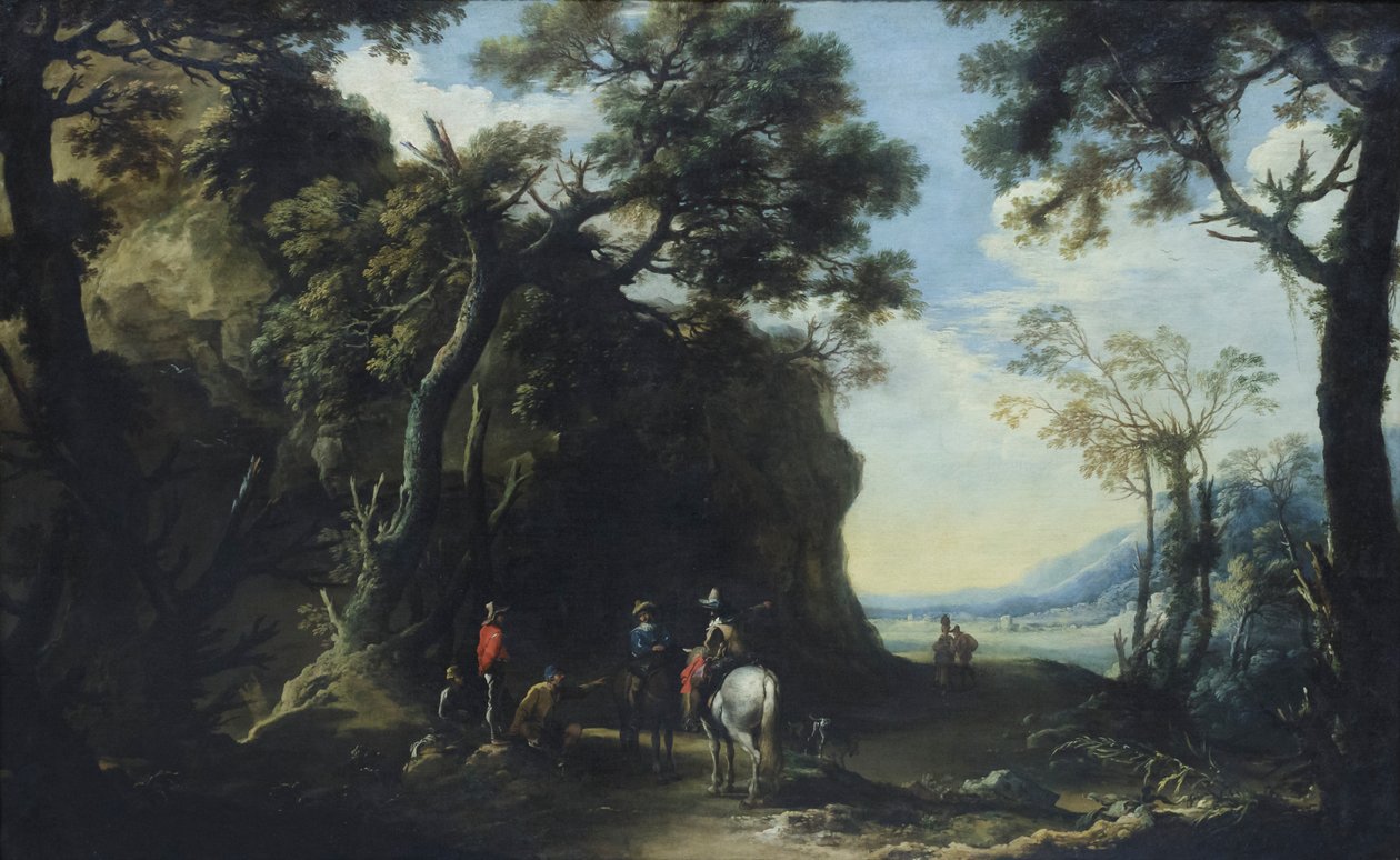 Landschap met reizigers die de weg vragen, ca. 1641 door Salvator Rosa