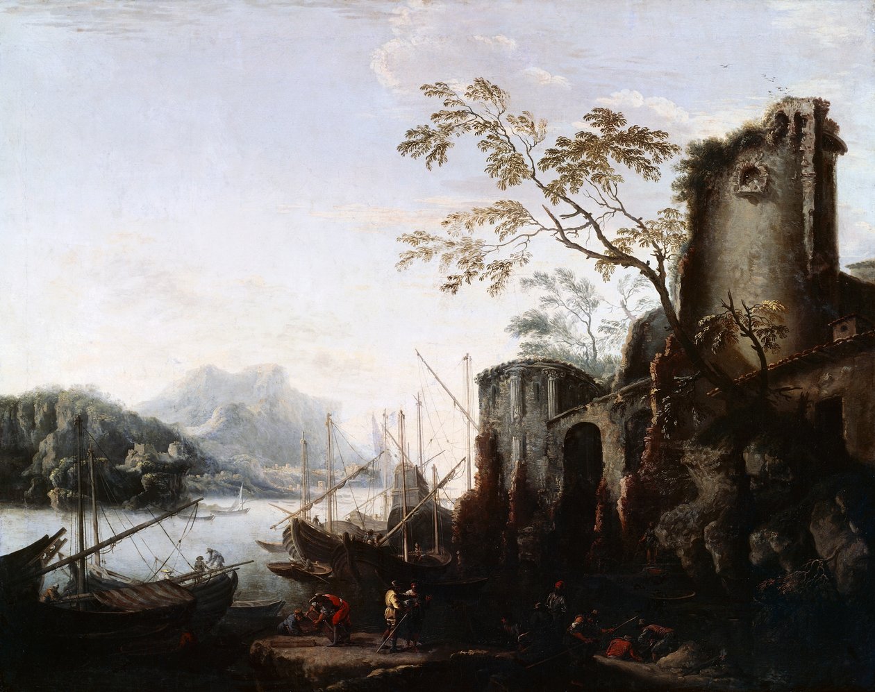Marien landschap met torens en schepen en ruïnes door Salvator Rosa