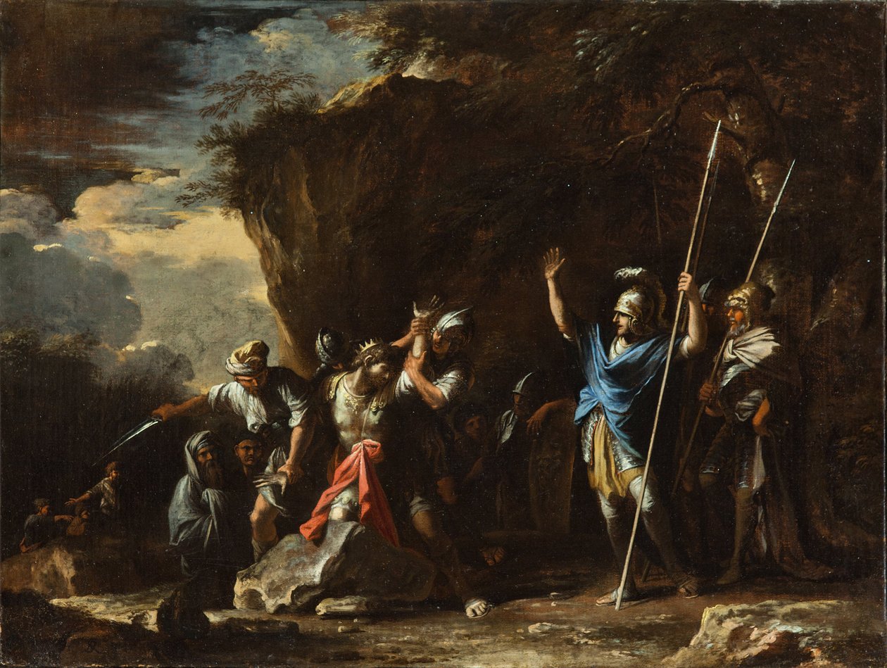 Een scène uit de Griekse geschiedenis: de doofstomme zoon van koning Croesus voorkomt dat de Perzen zijn vader doden door Salvator Rosa