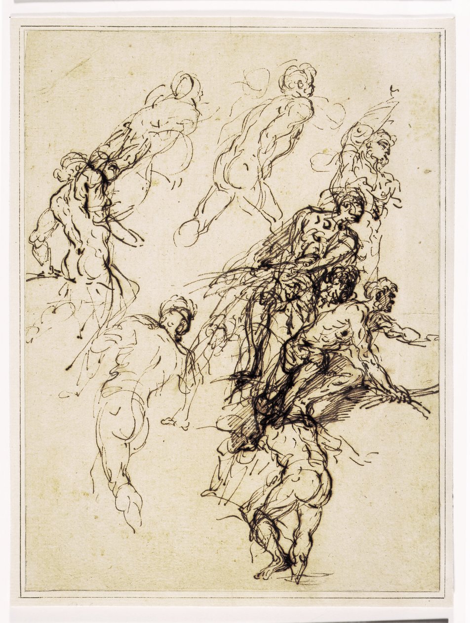 Schetsen voor mannelijke figuren die krachtig naar rechts bewegen door Salvator Rosa