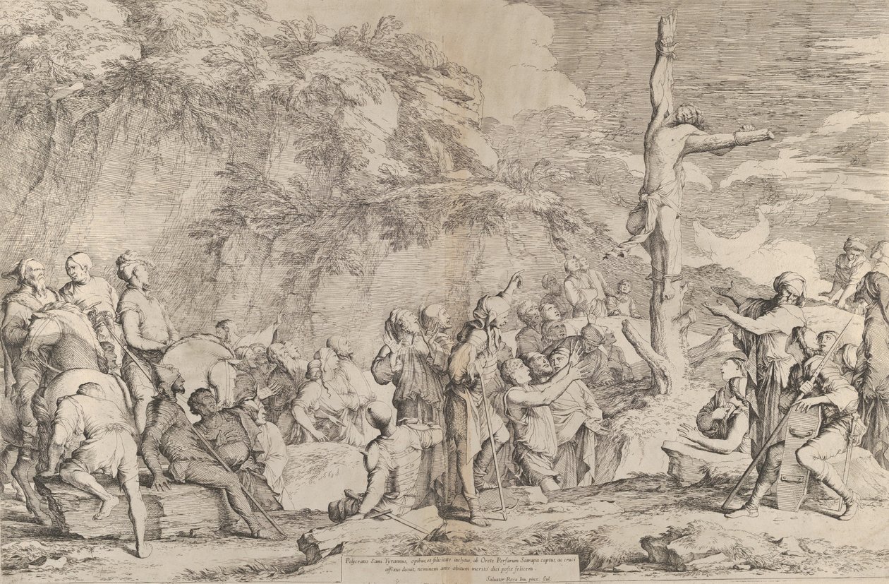 De kruisiging van Polycrates de tiran na zijn gevangenneming door de Perzen door Salvator Rosa
