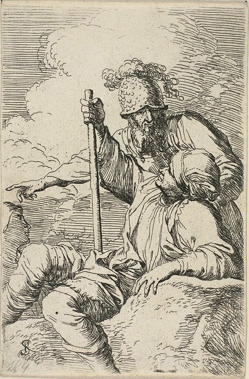 Drie Krijgers, een zittend op een voorgrondrots met een staf; de tweede staat achter hem en wijst, de derde is te zien als een gezicht achter hen, uit de Figurine-serie door Salvator Rosa