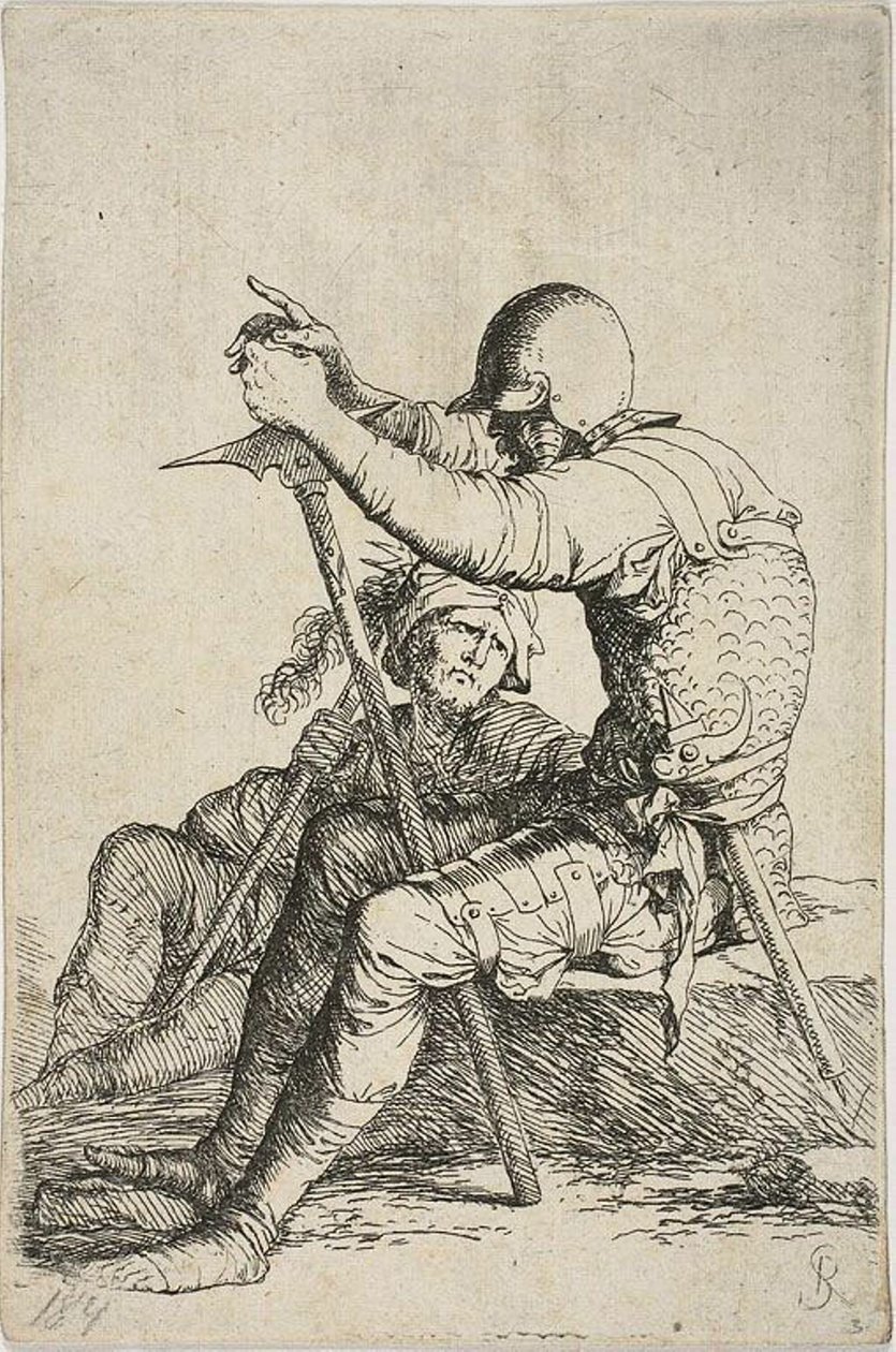 Twee krijgers, een zittend op een lage voorgrond rots en een oorlogshamer vasthoudend; de andere figuur zittend op de grond achter hem, een knots over zijn rechter schouder houdend en omhoog kijkend naar de voorgrond figuur, uit de Figurine serie door Salvator Rosa