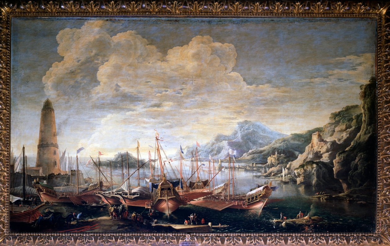 Zicht op een haven door Salvator Rosa