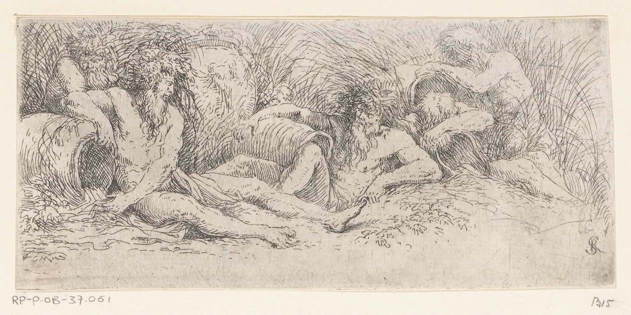 Vijf riviergoden met urnen door Salvator Rosa
