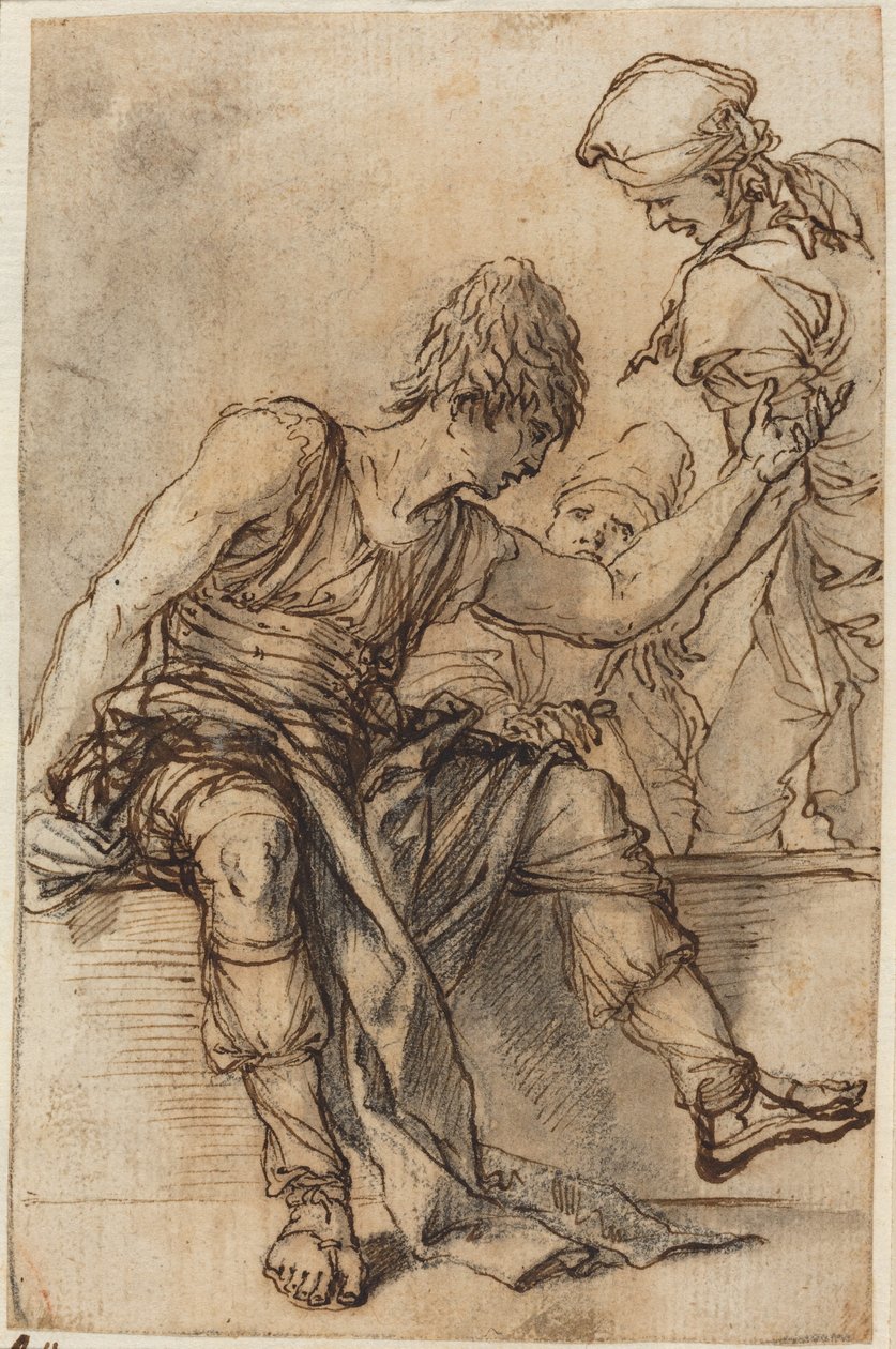 Jongere die op een muur zit en een gesprek voert met twee mannen door Salvator Rosa