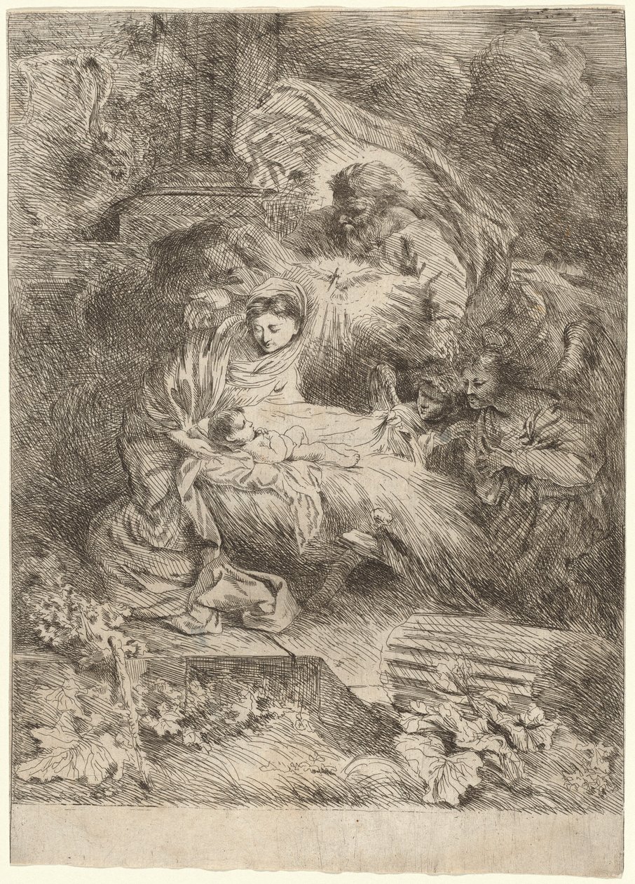 De geboorte van Christus met God de Vader en de Heilige Geest door Salvatore Castiglione