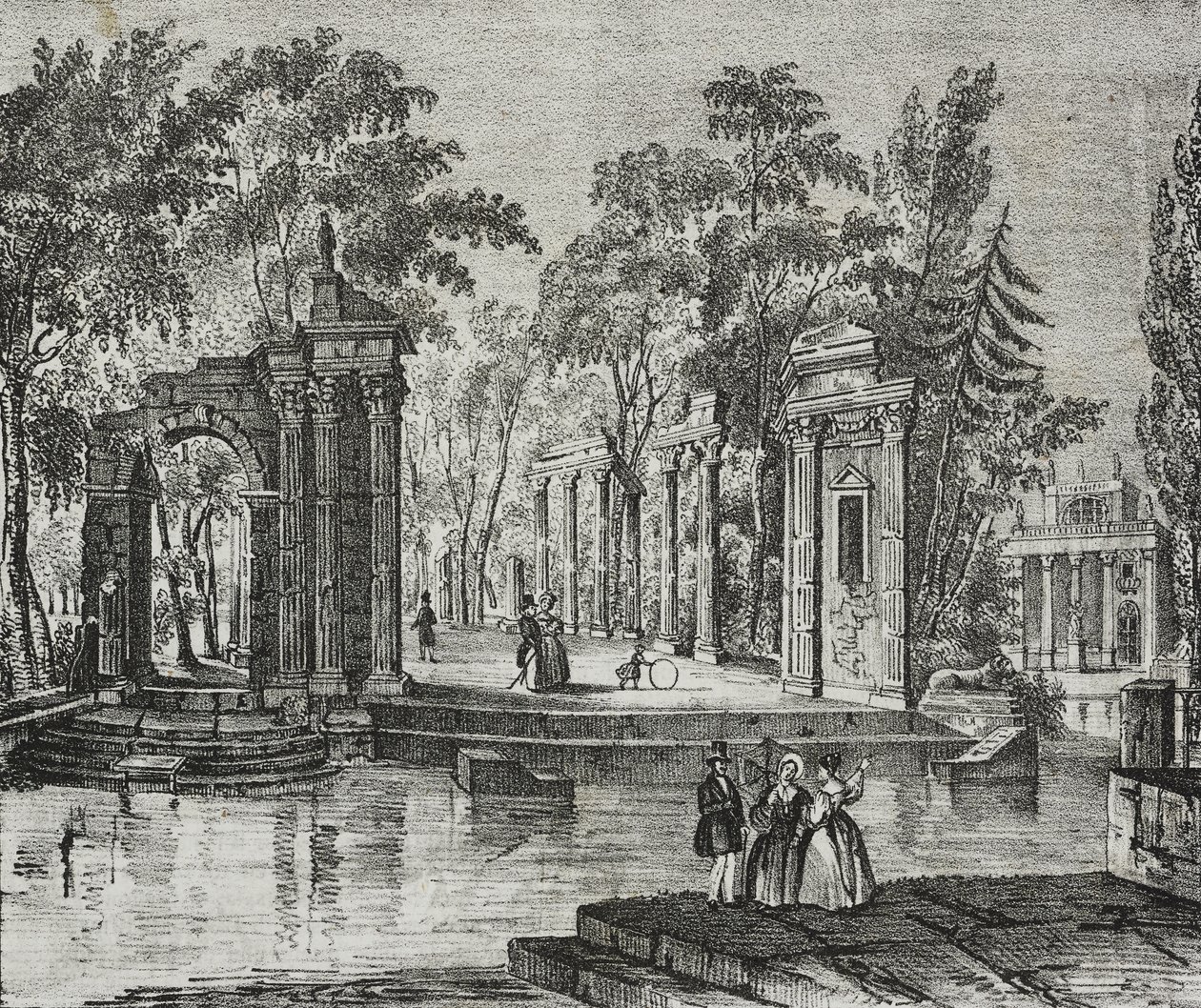 Amfitheater op eiland in Lazienki Park, Warschau, Polen, lithografie door Salvatore Puglia uit Poliorama Pittoresco, nr. 51, 30 juli door Salvatore Puglia