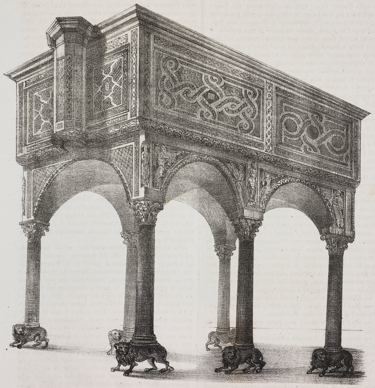 Oude ambo in de kathedraal van Sessa Aurunca, Campania, Italië, lithografie door Salvatore Puglia naar een tekening van Pasquale Mattei (1813-1879) uit Poliorama Pittoresco, nr. 43, 31 mei door Salvatore Puglia