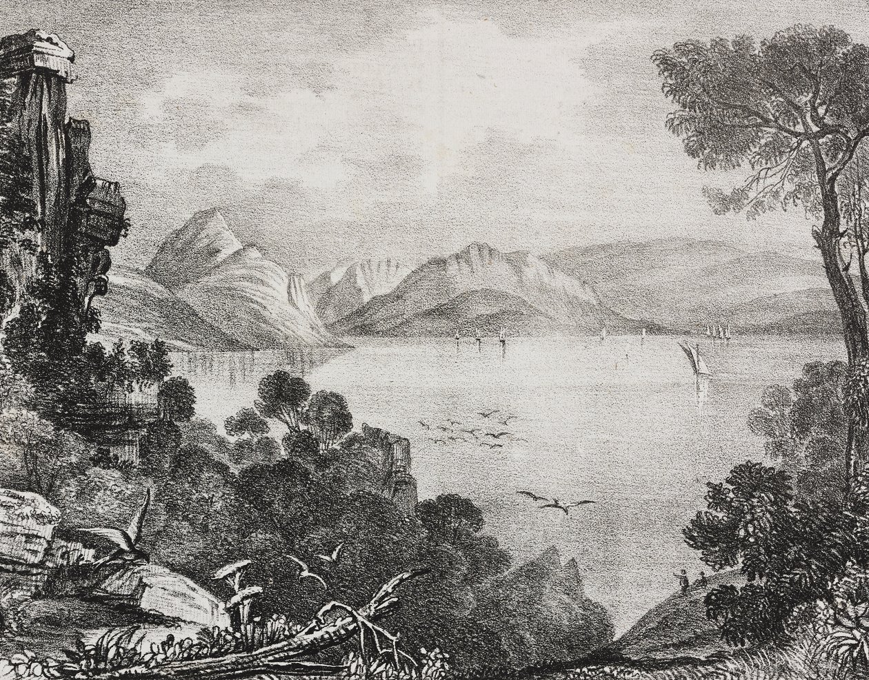 Oude ruïnes beschouwd als die van het paleis van Ulysses op het eiland Calypso, eiland Corcyra (nu Corfu), Ionische Eilanden, Griekenland, lithografie uit Poliorama Pittoresco, nr. 22, 4 januari door Salvatore Puglia