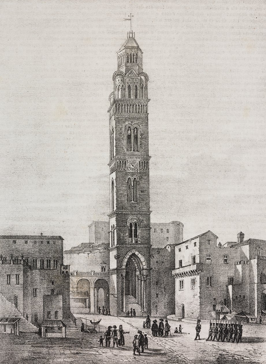 Klokkentoren van de kathedraal van Gaeta, Lazio, Italië, lithografie door Salvatore Puglia naar een tekening van Pasquale Mattei (1813-1879), uit Poliorama Pittoresco, nr. 48, 6 juli door Salvatore Puglia