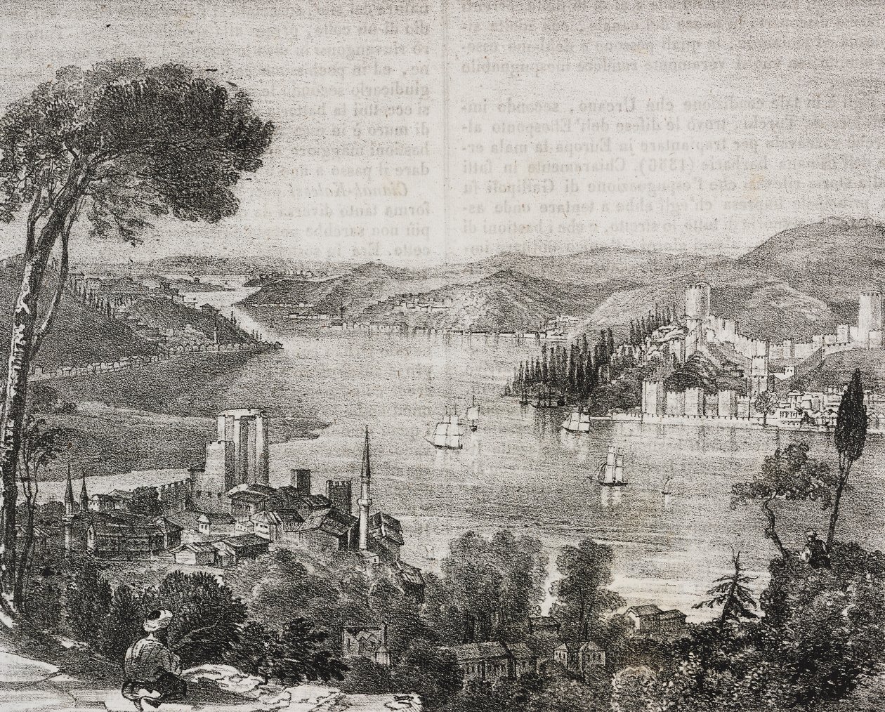Bosphorus kastelen aan de kusten van Azië en Europa, Turkije, lithografie door Gaetano Riccio uit Poliorama Pittoresco, nr. 18, 9 december door Salvatore Puglia