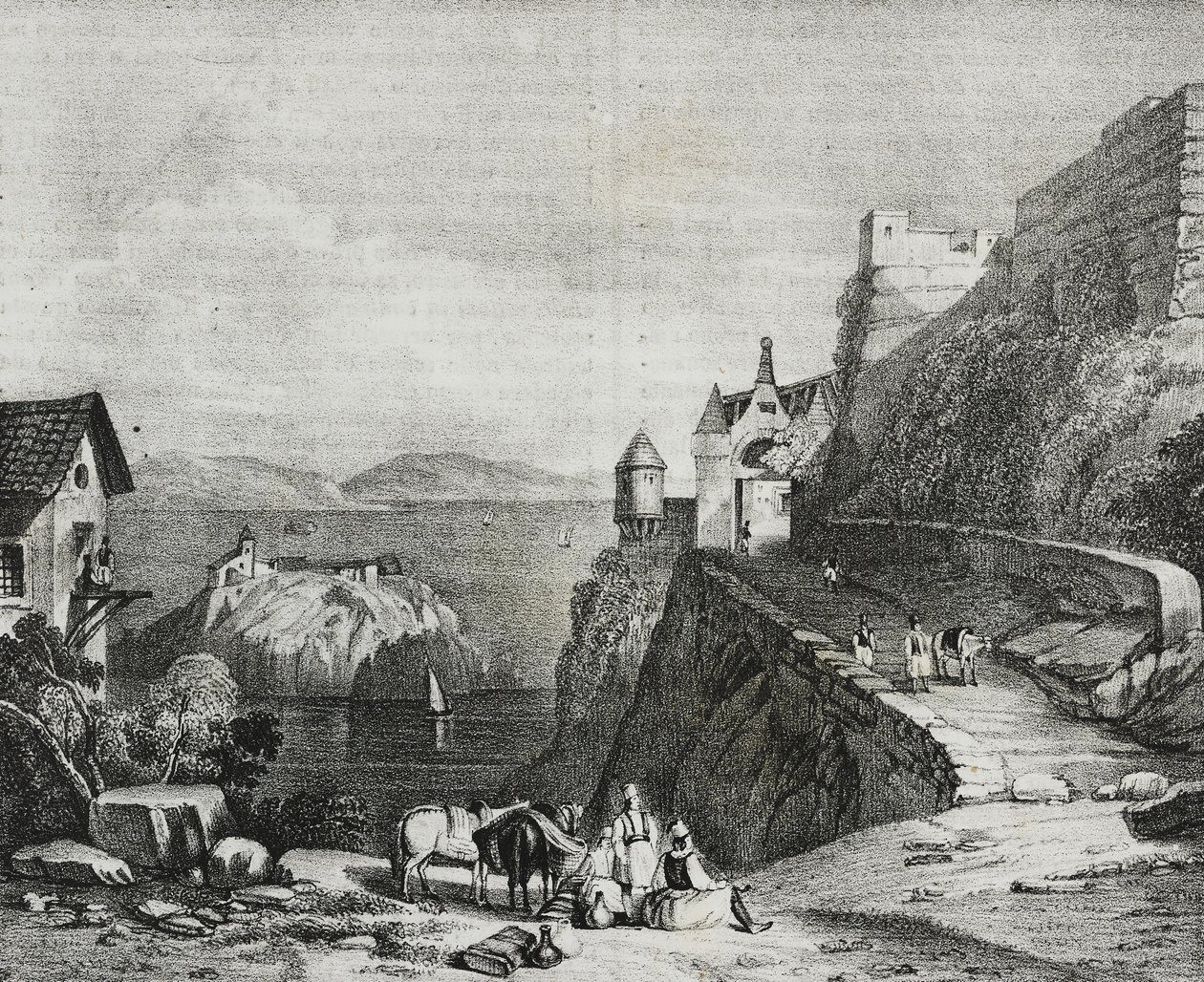 Kasteel van Parga, Albanië, lithografie door Salvatore Puglia uit Poliorama Pittoresco, nr. 9, 9 oktober door Salvatore Puglia