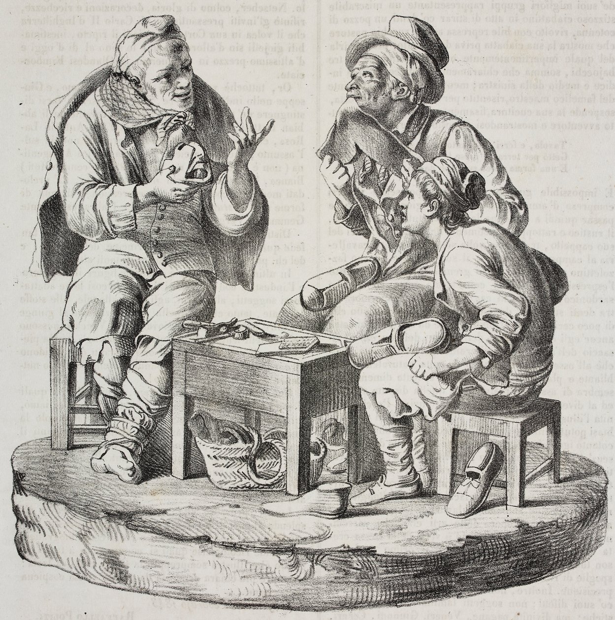 Schoenmaker in geschil, beeldjes door Giacomo Bongiovanni en Giuseppe Vaccaro, lithografie door Salvatore Puglia uit Poliorama Pittoresco, nr. 32, 18 maart door Salvatore Puglia
