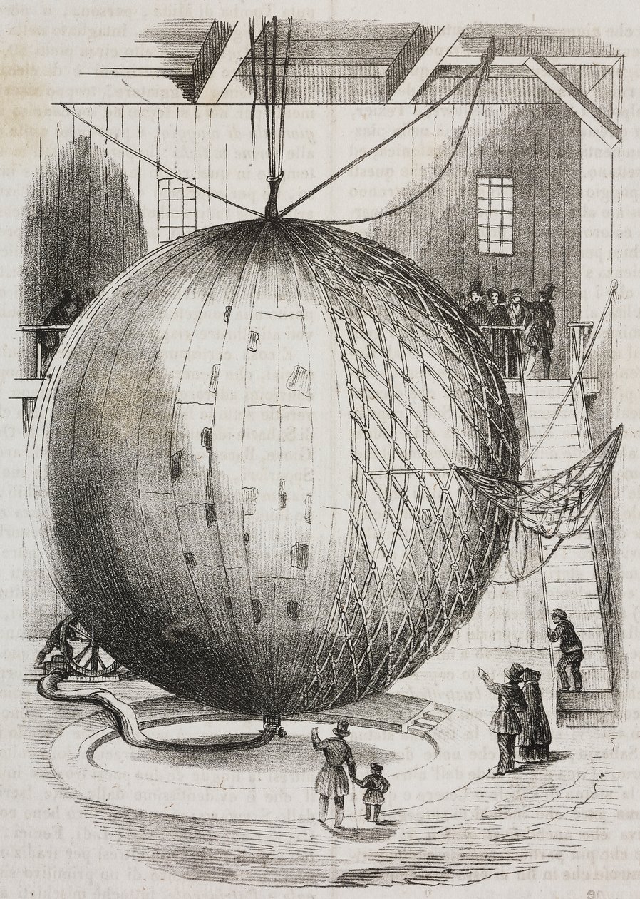 Koperen heteluchtballon uitgevonden door Edmond Marey-Monge, Frankrijk, lithografie door Salvatore Puglia uit Poliorama Pittoresco, nr. 41, 18 mei door Salvatore Puglia