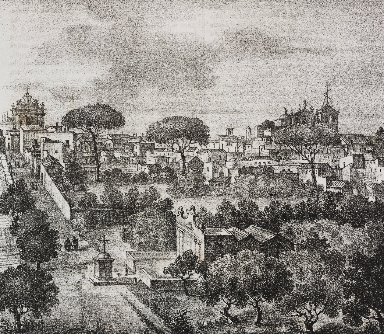 Oostelijk zicht op Mesagne, Apulië, Italië. Lithografie door Salvatore Puglia uit Poliorama Pittoresco door Salvatore Puglia