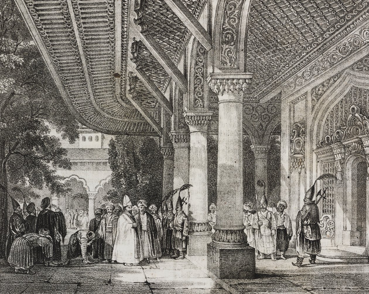 Inkomhal van Serraglio, Turkije, uit het verhaal harem in het Oosten, lithografie uit Poliorama Pittoresco, nr. 12, 28 oktober door Salvatore Puglia