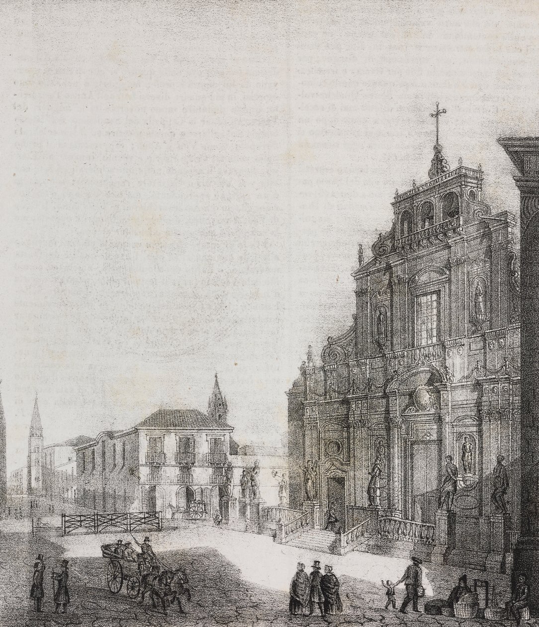 Voorgevel van de Basiliek van San Sebastiano in Acireale, Sicilië, Italië. Lithografie door Salvatore Puglia uit Poliorama Pittoresco door Salvatore Puglia