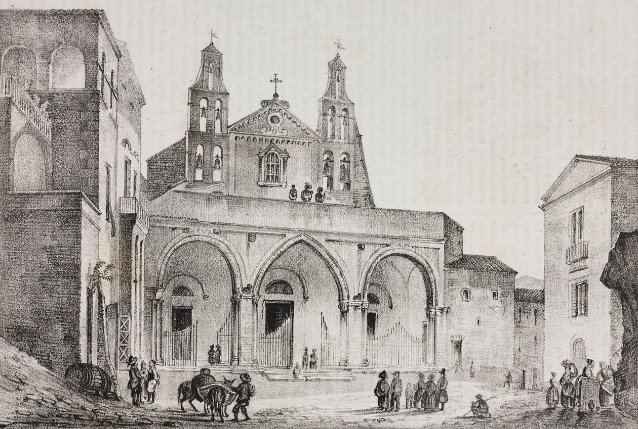Voorgevel van de kathedraal van Sessa Aurunca, Campania, Italië, lithografie door Salvatore Puglia naar een tekening van Pasquale Mattei (1813-1879) uit Poliorama Pittoresco, nr. 42, 24 mei door Salvatore Puglia