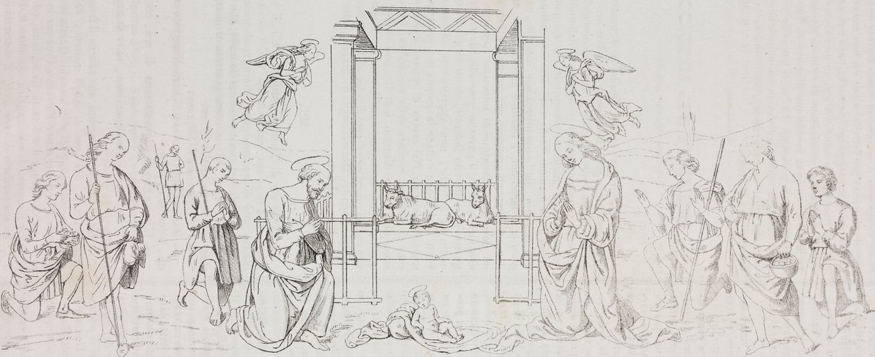 Fontignano Geboorte, Aanbidding van de herders, lithografie naar schilderij van Pietro Perugino uit Poliorama Pittoresco, nr. 42, 24 mei door Salvatore Puglia