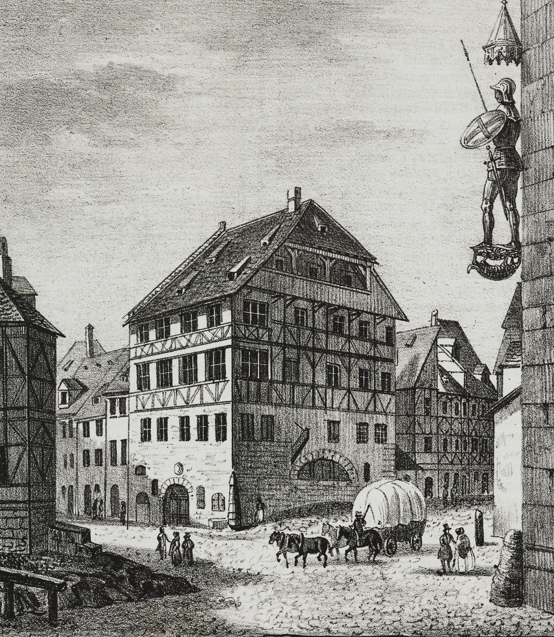 Huis van Albrecht Dürer (1471-1528) in Neurenberg, Duitsland, lithografie door Salvatore Puglia uit Poliorama Pittoresco, nr. 31, 12 maart door Salvatore Puglia