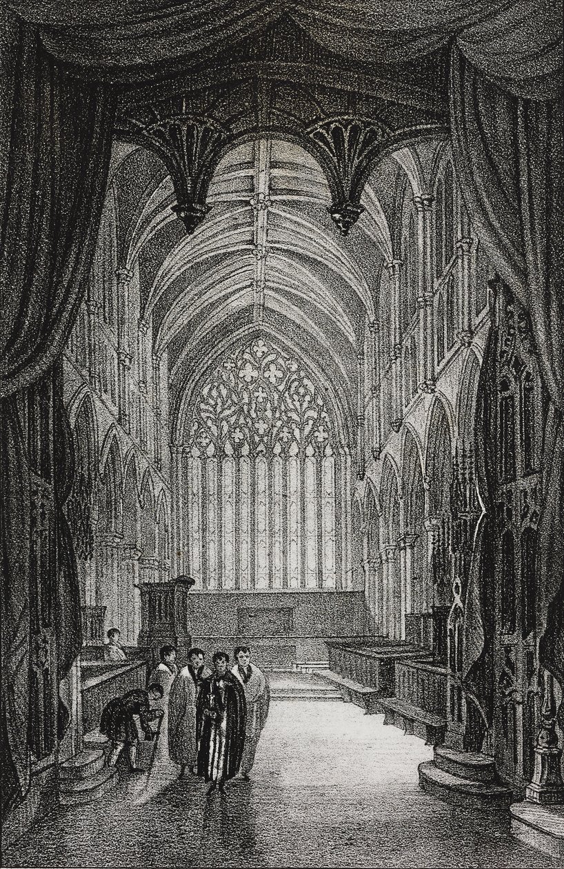 Interieur van de kathedraal van Carlisle, Verenigd Koninkrijk. Lithografie door Salvatore Puglia uit Poliorama Pittoresco door Salvatore Puglia