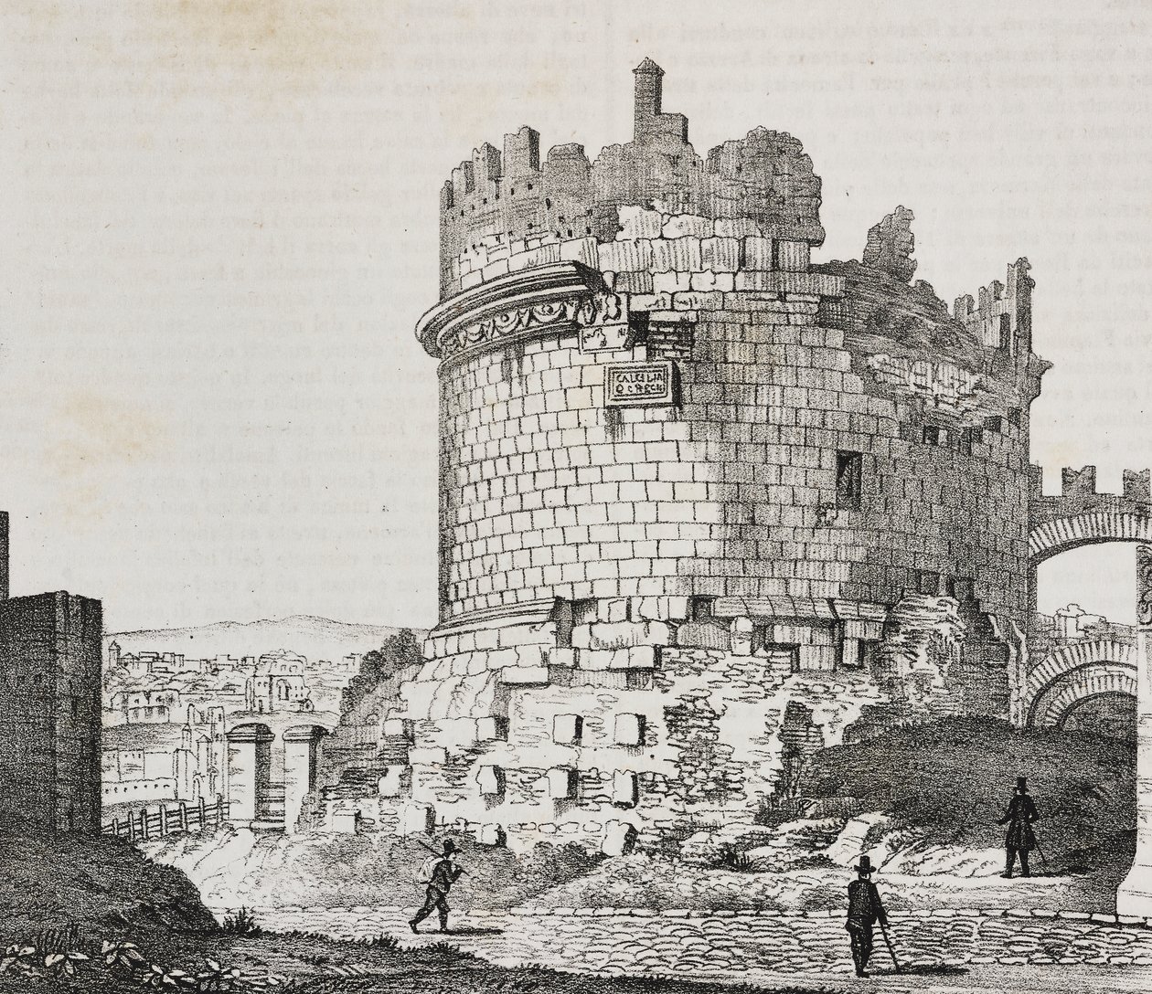Mausoleum van Cecilia Metella aan de Via Appia, Rome, Lazio, Italië, lithografie door Salvatore Puglia uit Poliorama Pittoresco, nr. 20, 21 december door Salvatore Puglia
