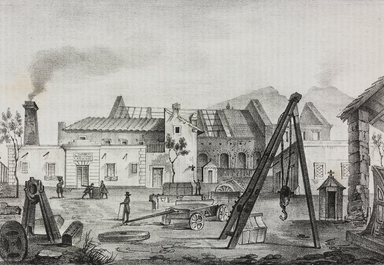 Reale Opificio meccanico (Koninklijke Mechanische Fabriek) in Pietrarsa, Campania, Italië, lithografie door Gaetano Riccio uit Poliorama Pittoresco, nr. 39, 7 mei door Salvatore Puglia