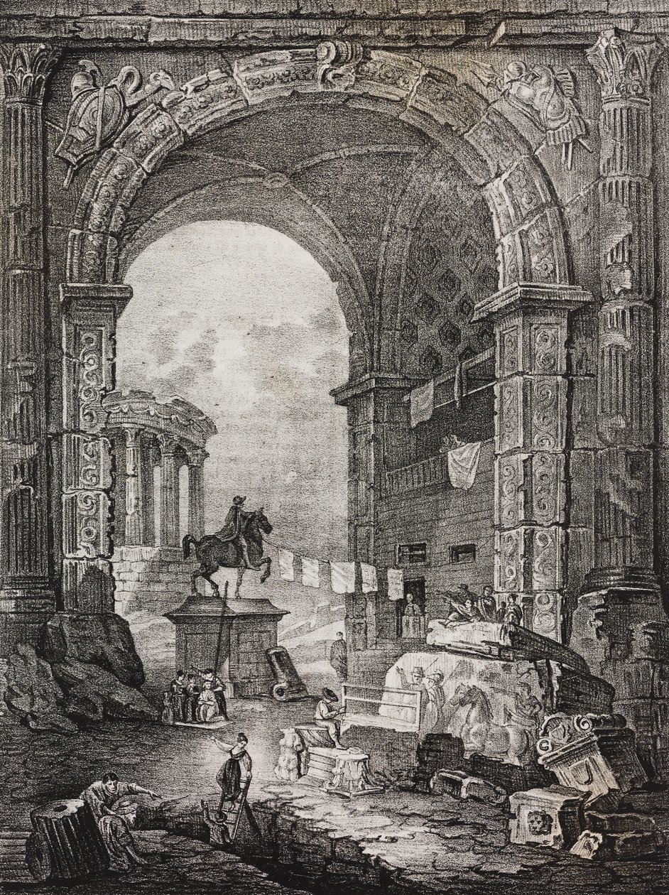 Romeinse ruïnes, schilderij door Hubert Robert. Lithografie door Salvatore Puglia uit Poliorama Pittoresco door Salvatore Puglia