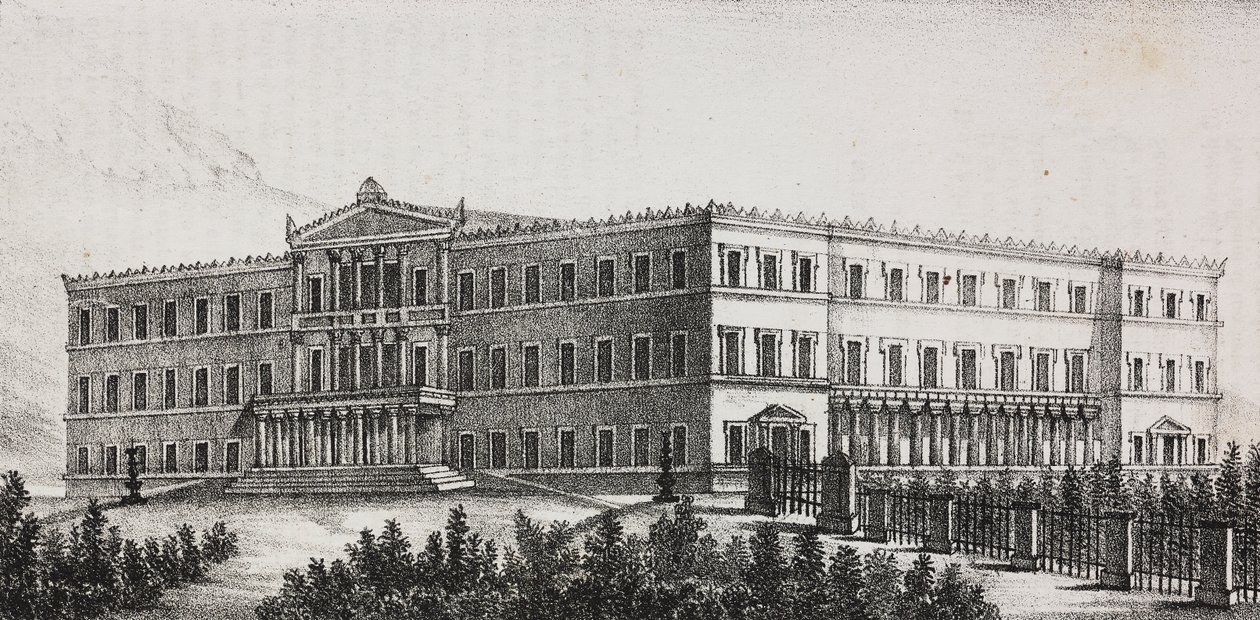 Koninklijk Paleis in Athene, Griekenland, lithografie door Salvatore Puglia uit Poliorama Pittoresco, nr. 5, 9 september door Salvatore Puglia