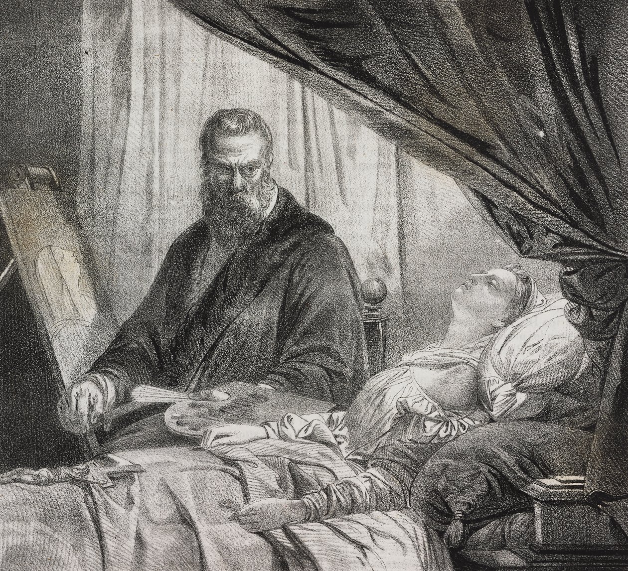 Tintoretto schildert zijn dode dochter, uit Poliorama Pittoresco, nr. 27, 10 februari door Salvatore Puglia