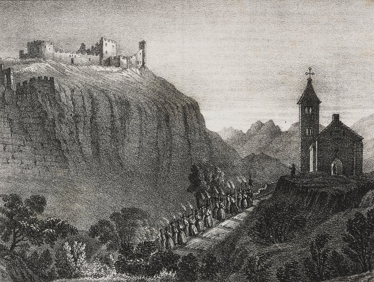 Reis naar Cappelluccia, scène van Magic Lantern, verzameling verhalen en afbeeldingen, lithografie door Salvatore Puglia uit Poliorama Pittoresco, nr. 41, 17 mei door Salvatore Puglia