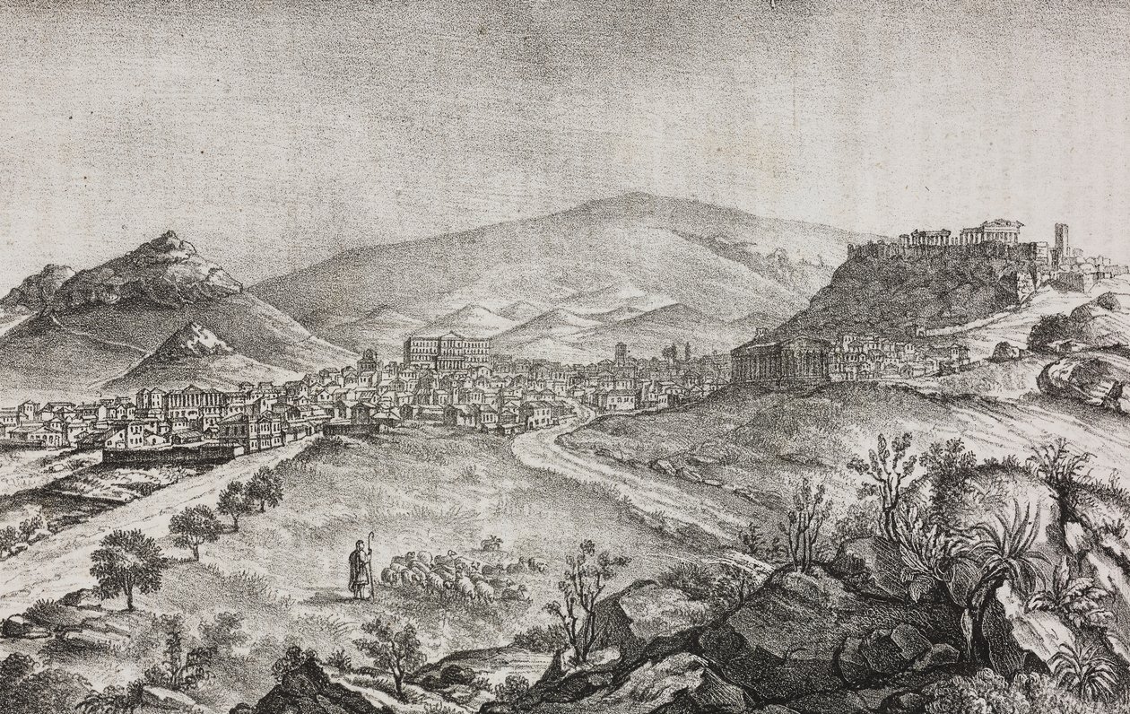 Uitzicht op Athene, Griekenland, lithografie door Salvatore Puglia uit Poliorama Pittoresco, nr. 1, 13 augustus door Salvatore Puglia