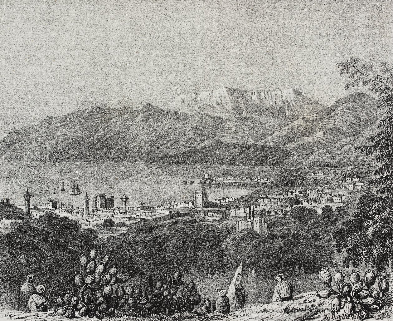 Uitzicht op Beiroet en het Libanon-gebergte, Libanon, lithografie door Salvatore Puglia uit Poliorama Pittoresco, nr. 8, 1 oktober door Salvatore Puglia